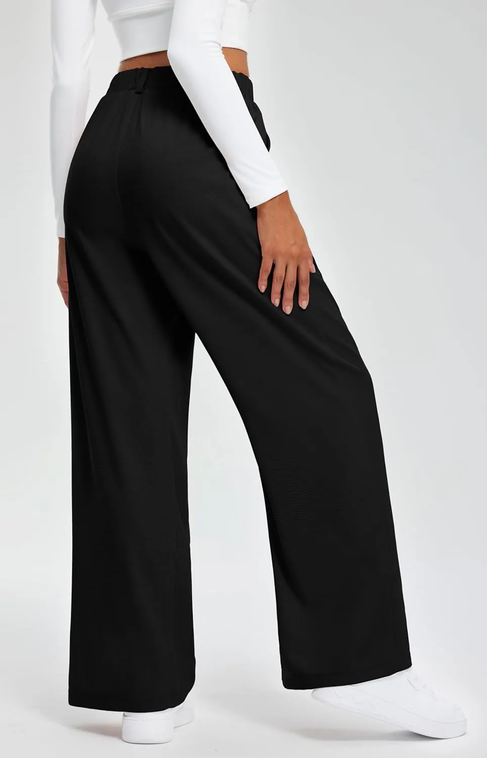 Libin Women's Wide Leg Pants 27"/29" High Waisted Waffle Knit Casual Slacks Work Pants Business Palazzo Trousers with Pockets