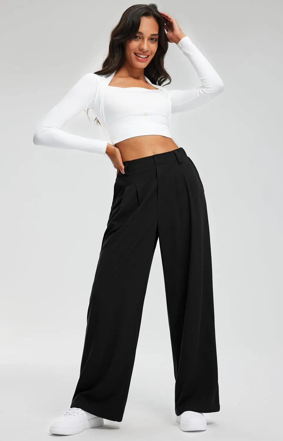 Libin Women's Wide Leg Pants 27"/29" High Waisted Waffle Knit Casual Slacks Work Pants Business Palazzo Trousers with Pockets