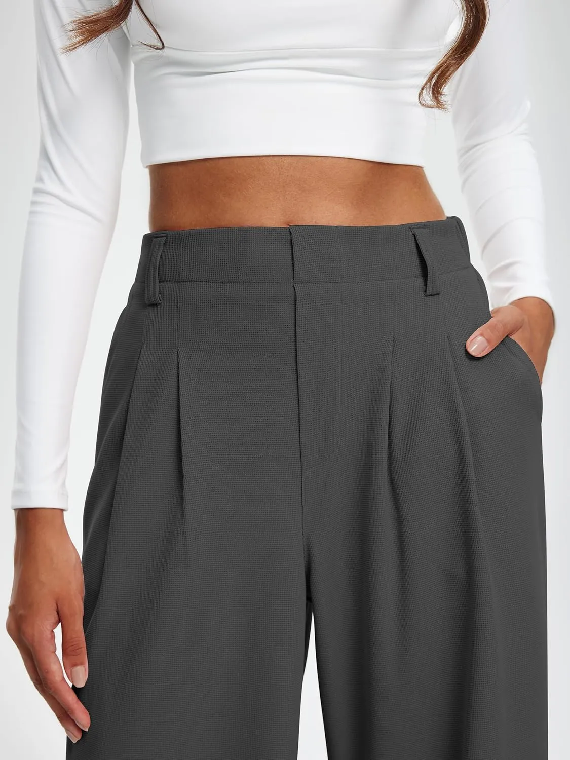 Libin Women's Wide Leg Pants 27"/29" High Waisted Waffle Knit Casual Slacks Work Pants Business Palazzo Trousers with Pockets