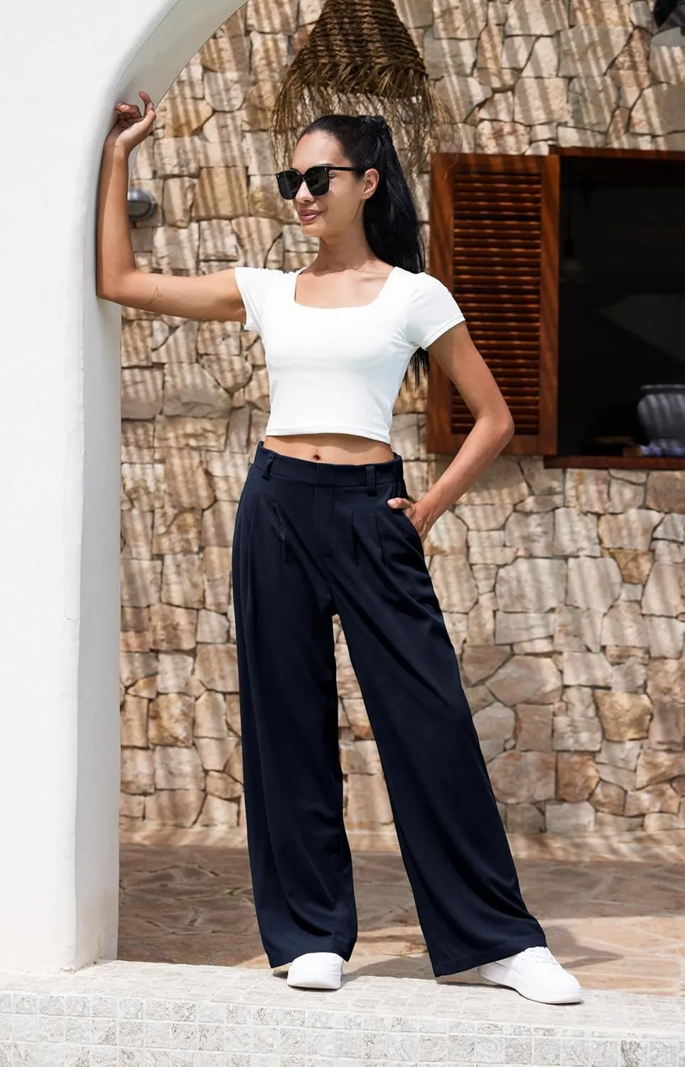 Libin Women's Wide Leg Pants 27"/29" High Waisted Waffle Knit Casual Slacks Work Pants Business Palazzo Trousers with Pockets
