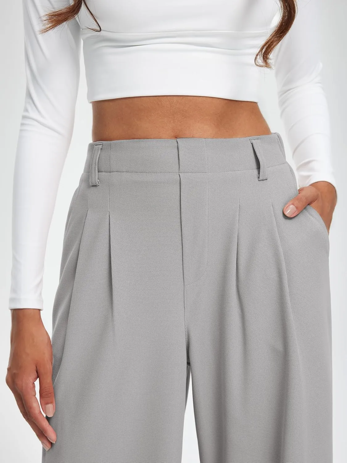 Libin Women's Wide Leg Pants 27"/29" High Waisted Waffle Knit Casual Slacks Work Pants Business Palazzo Trousers with Pockets