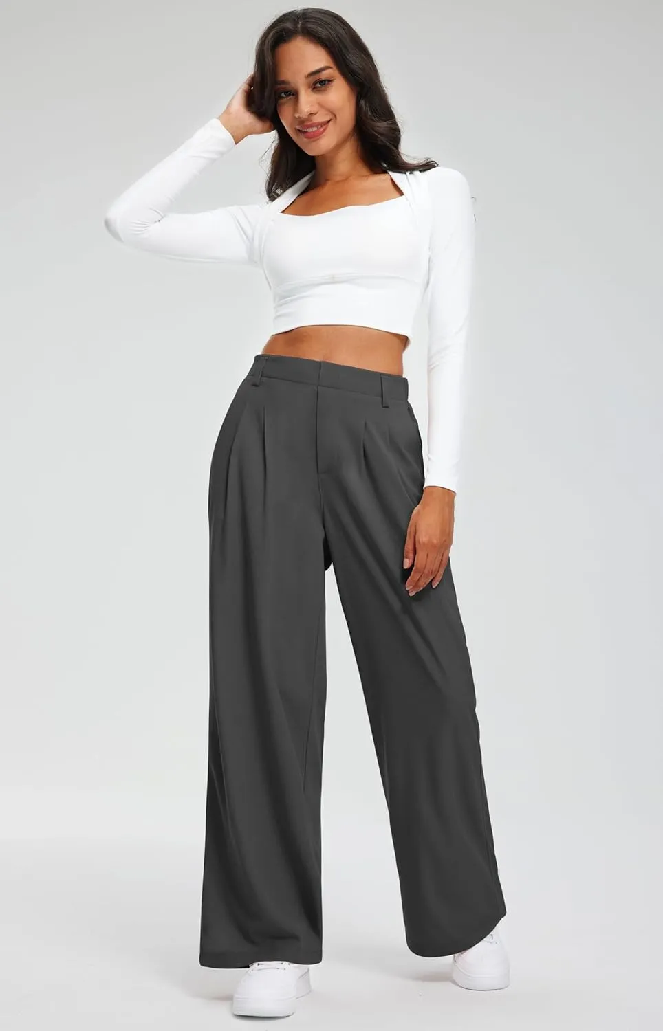 Libin Women's Wide Leg Pants 27"/29" High Waisted Waffle Knit Casual Slacks Work Pants Business Palazzo Trousers with Pockets
