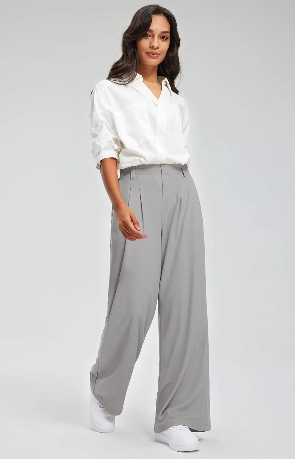 Libin Women's Wide Leg Pants 27"/29" High Waisted Waffle Knit Casual Slacks Work Pants Business Palazzo Trousers with Pockets