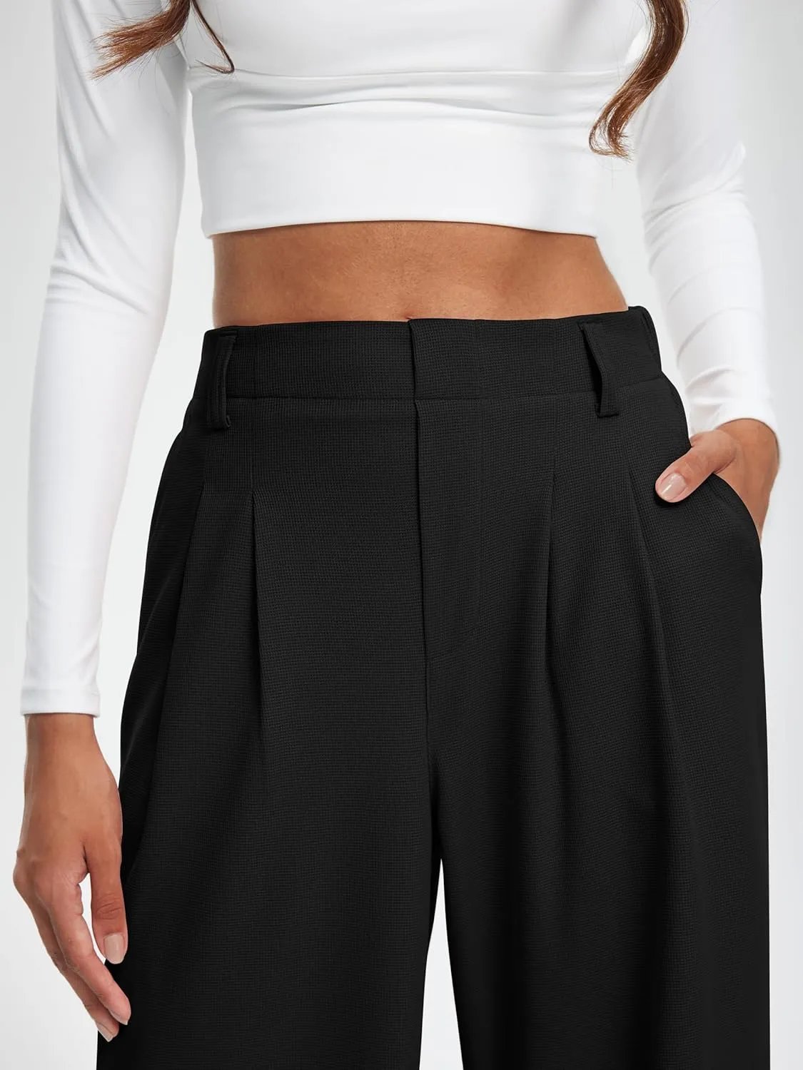 Libin Women's Wide Leg Pants 27"/29" High Waisted Waffle Knit Casual Slacks Work Pants Business Palazzo Trousers with Pockets
