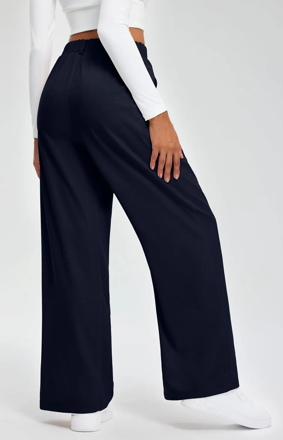 Libin Women's Wide Leg Pants 27"/29" High Waisted Waffle Knit Casual Slacks Work Pants Business Palazzo Trousers with Pockets