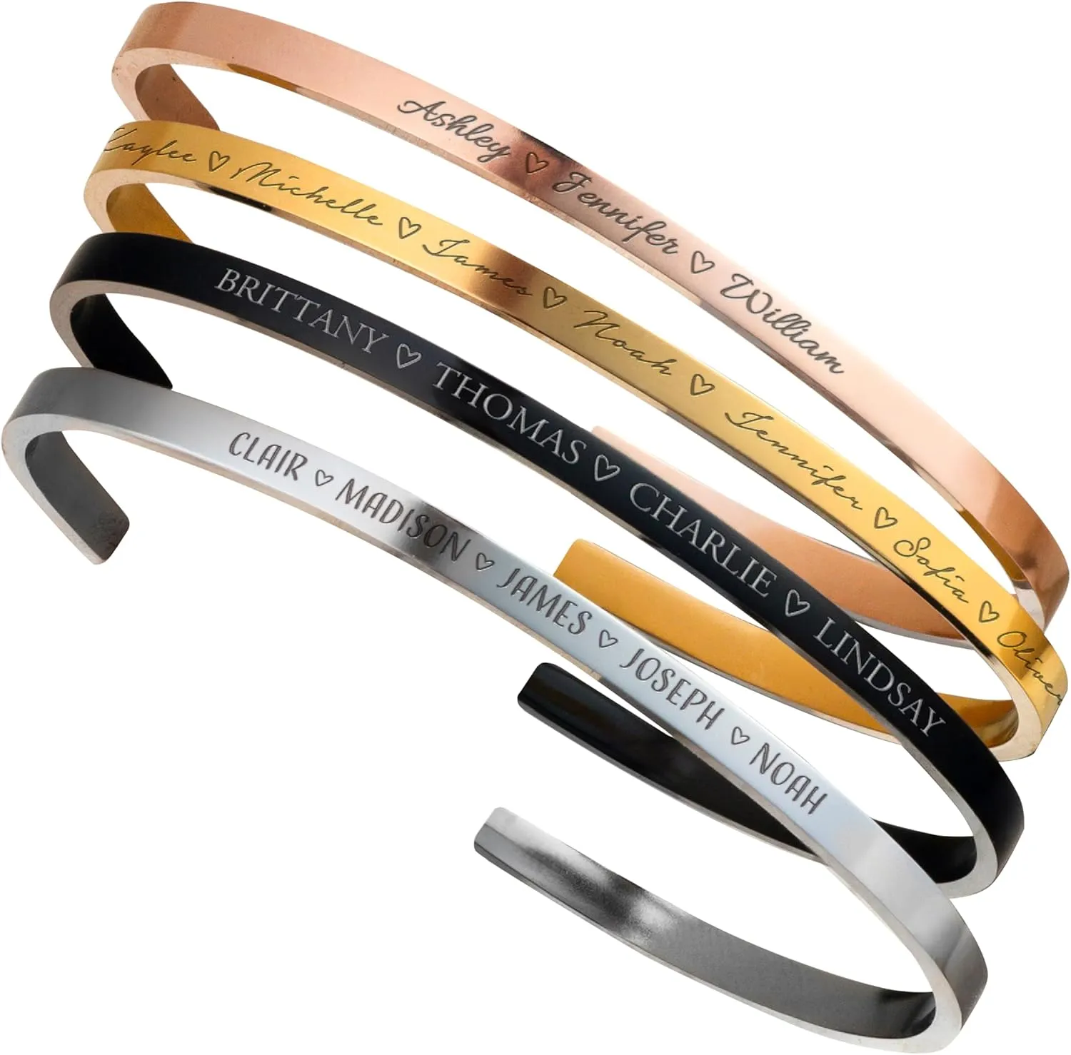 Lily's Atelier Personalized Bracelet with Hearts and Names for Women, Custom Engraved Cuff Bracelet Gifts for Women