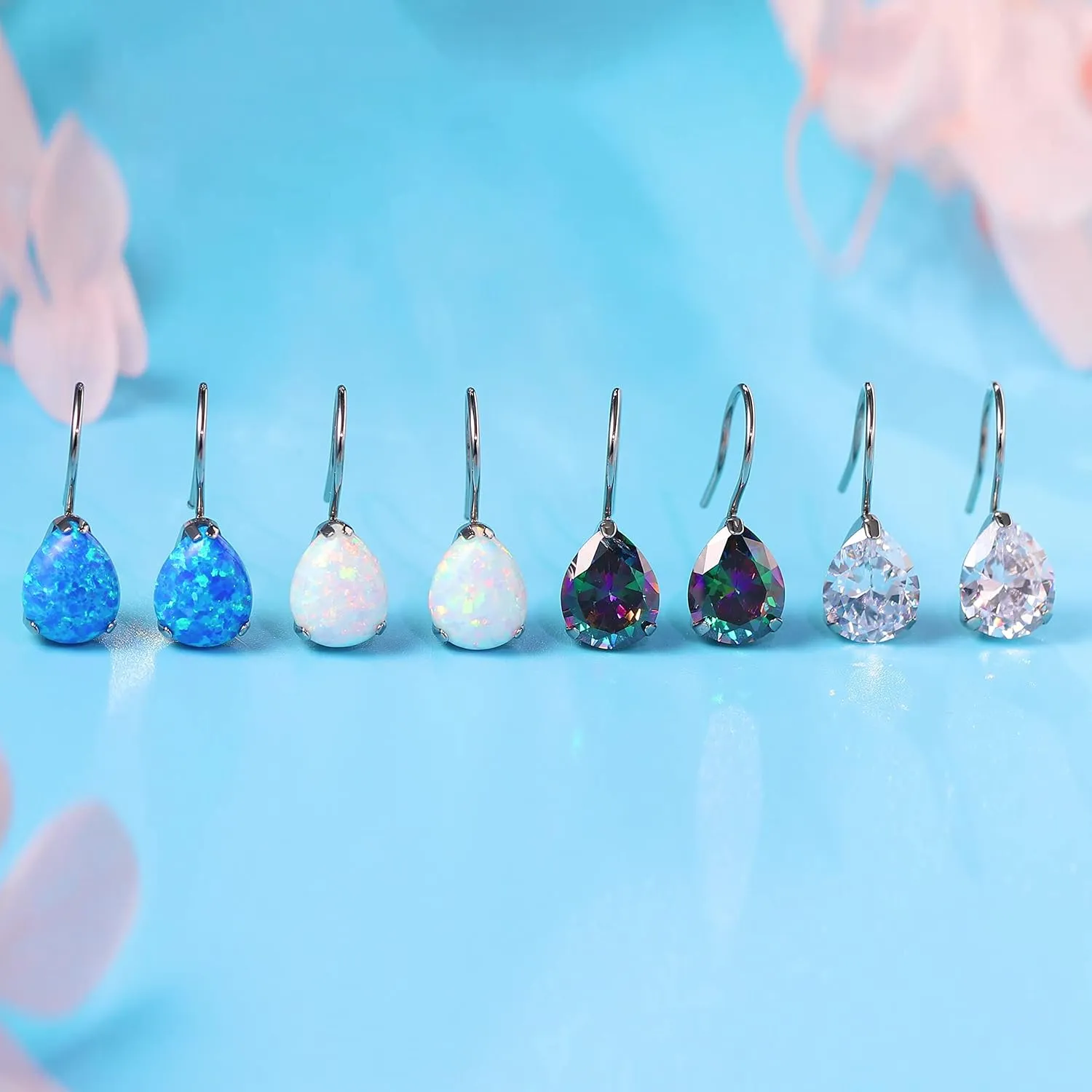 Limerencia Hypoallergenic Pure Titanium Cubic Zirconia Dangle Hoop Earrings, Water drops CZ/Opal Lightweight Drop Earrings for Sensitive Ears Women