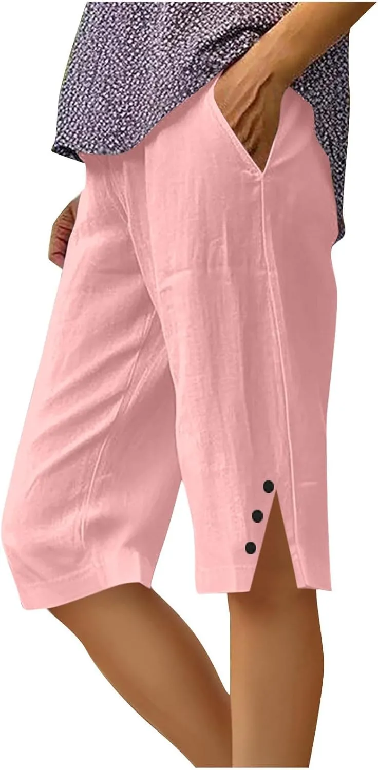 Linen Bermuda Shorts for Women Knee Length Casual Summer Linen Capri Pants Lightweight Beach Shorts with Pockets
