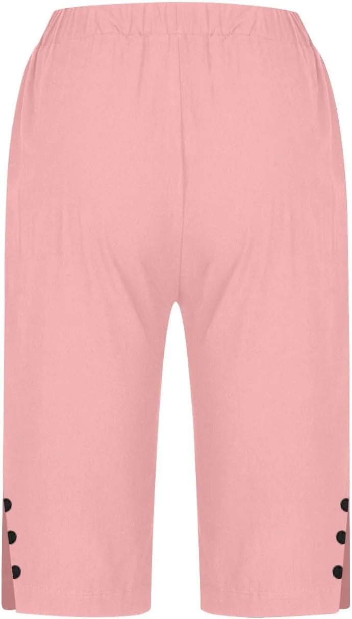 Linen Bermuda Shorts for Women Knee Length Casual Summer Linen Capri Pants Lightweight Beach Shorts with Pockets