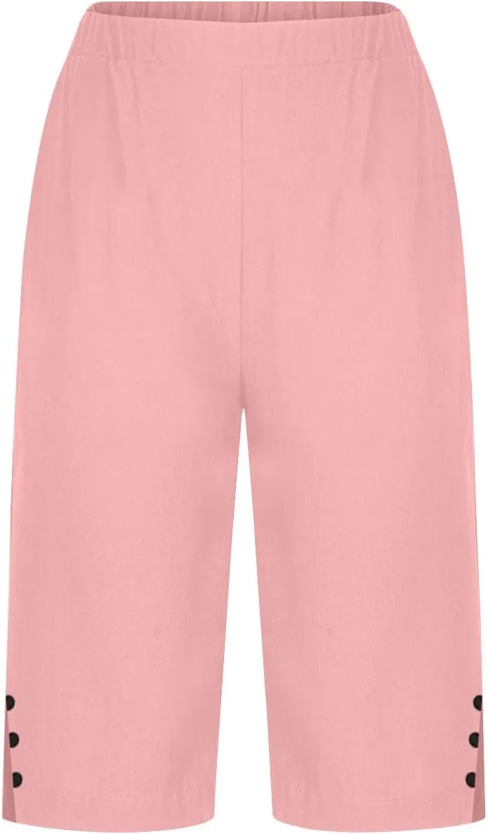 Linen Bermuda Shorts for Women Knee Length Casual Summer Linen Capri Pants Lightweight Beach Shorts with Pockets