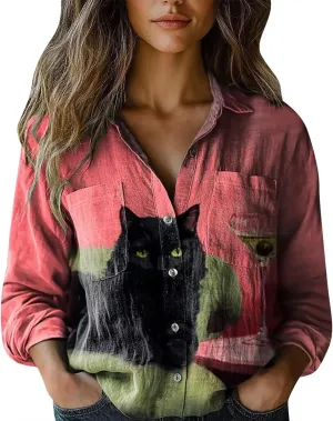 Linen Boho Floral Shirts for Women Long Sleeve Button Down V Neck Ethnic Tops Casual Blouse Summer Vintage Shirts