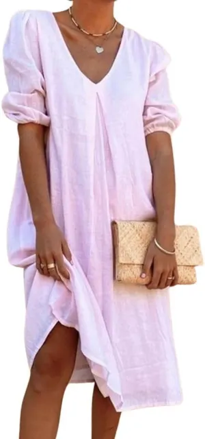 Linen Dresses for Women 2024 Women Midi Dress Casual V Neck Short Puff Sleeve Long Dress Foose Fit Dresses