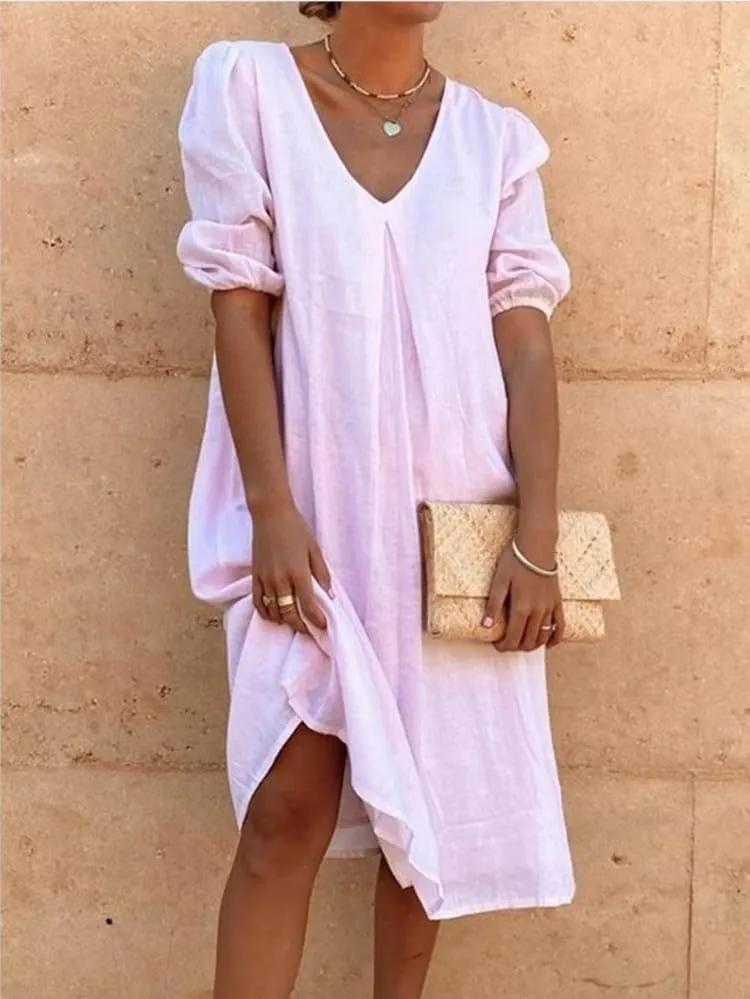 Linen Dresses for Women 2024 Women Midi Dress Casual V Neck Short Puff Sleeve Long Dress Foose Fit Dresses