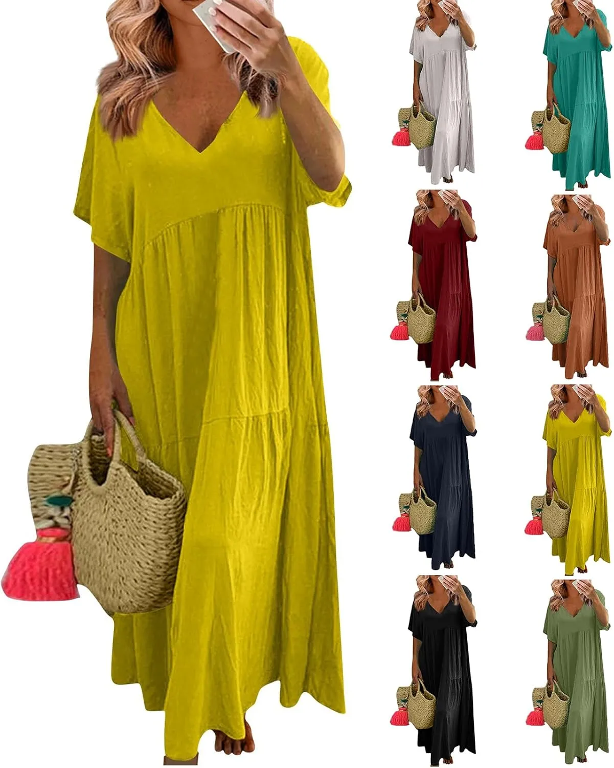 Linen Dresses for Women 2025 Trendy Summer Plus Size Maxi Dress Casual Loose V Neck Boho Flowy Beach Vacation Outfits