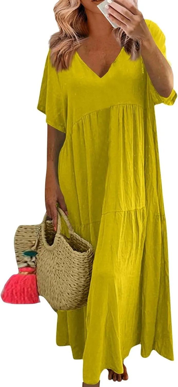 Linen Dresses for Women 2025 Trendy Summer Plus Size Maxi Dress Casual Loose V Neck Boho Flowy Beach Vacation Outfits