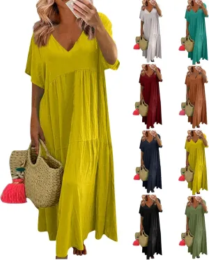 Linen Dresses for Women 2025 Trendy Summer Plus Size Maxi Dress Casual Loose V Neck Boho Flowy Beach Vacation Outfits