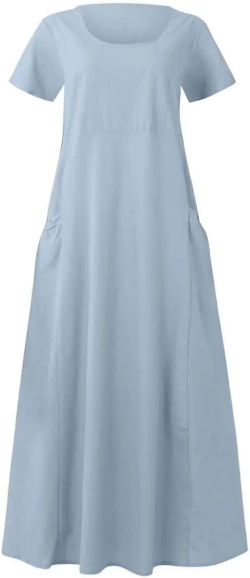 Linen Dresses for Women Short Sleeve Crewneck Loose Midi Dresses Lightweight Casual Flowy Summer Dress with Pockets