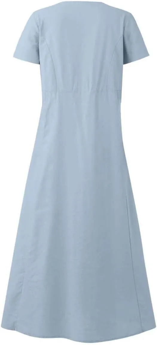 Linen Dresses for Women Short Sleeve Crewneck Loose Midi Dresses Lightweight Casual Flowy Summer Dress with Pockets