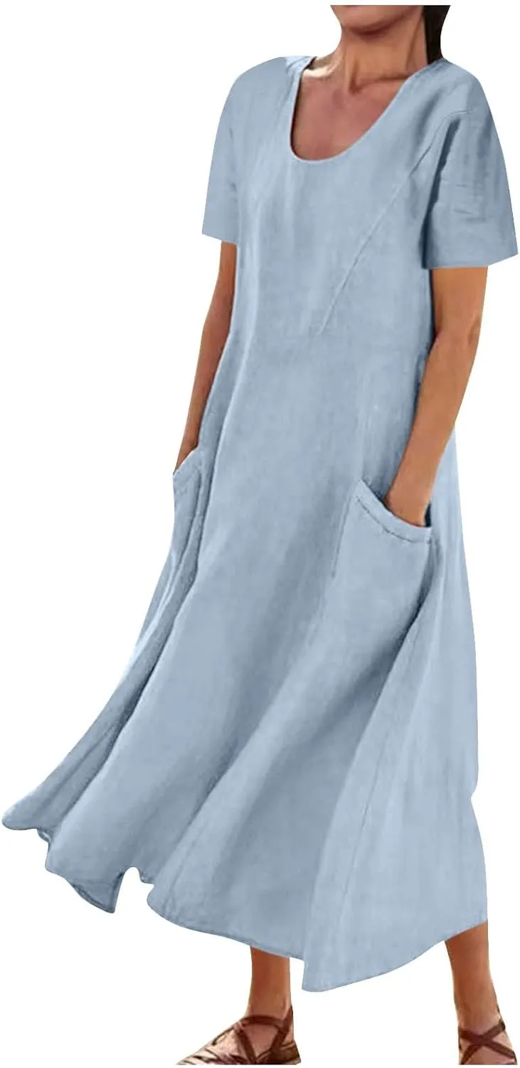 Linen Dresses for Women Short Sleeve Crewneck Loose Midi Dresses Lightweight Casual Flowy Summer Dress with Pockets