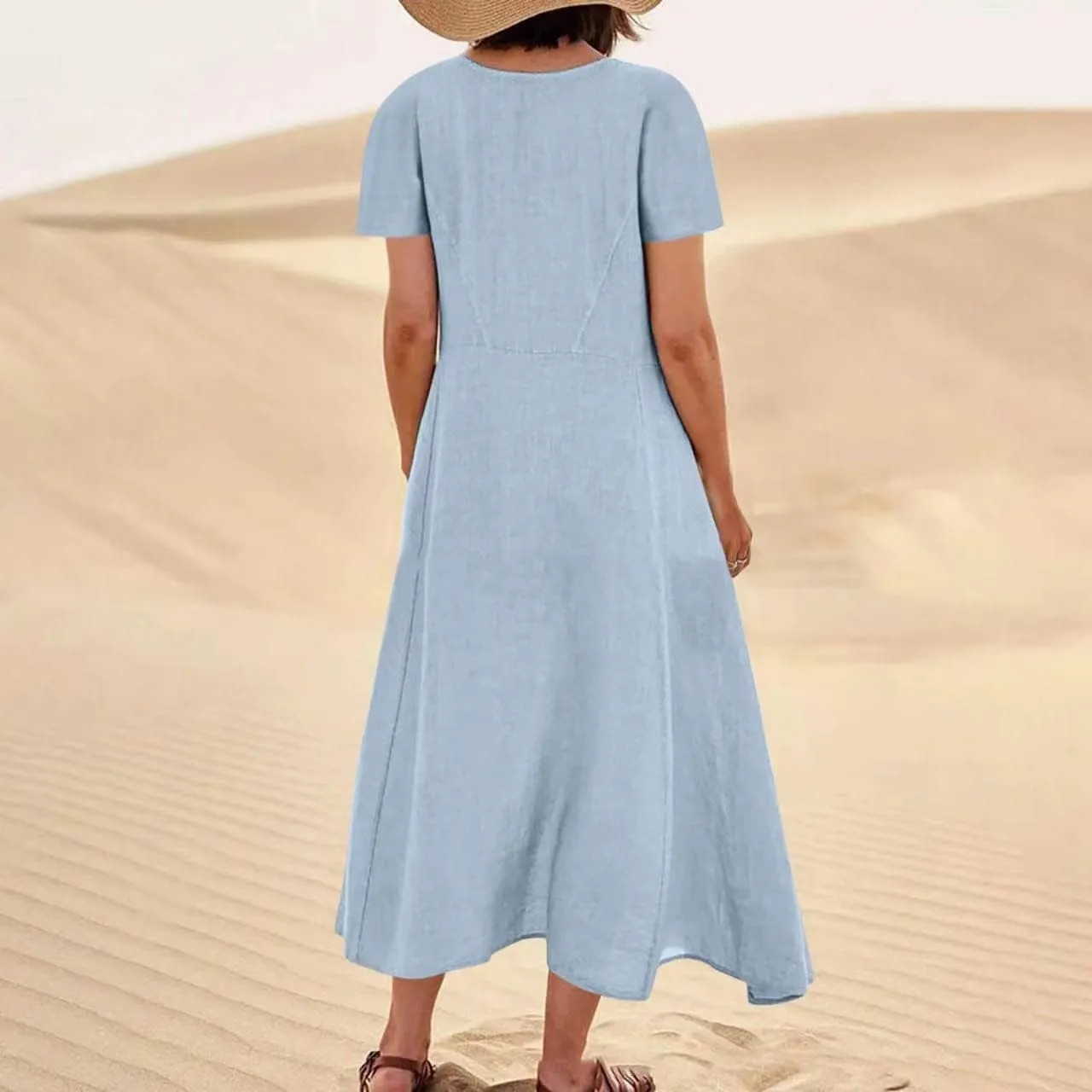 Linen Dresses for Women Short Sleeve Crewneck Loose Midi Dresses Lightweight Casual Flowy Summer Dress with Pockets