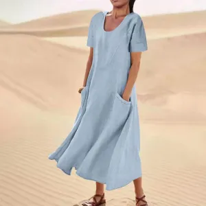 Linen Dresses for Women Short Sleeve Crewneck Loose Midi Dresses Lightweight Casual Flowy Summer Dress with Pockets