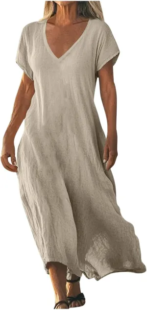 Linen Dresses for Women Short Sleeve V-Neck Beach Sundresses Lightweight Flowy Loose Summer Midi Dress