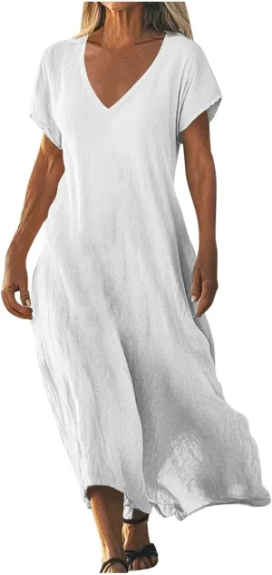 Linen Dresses for Women Short Sleeve V-Neck Beach Sundresses Lightweight Flowy Loose Summer Midi Dress