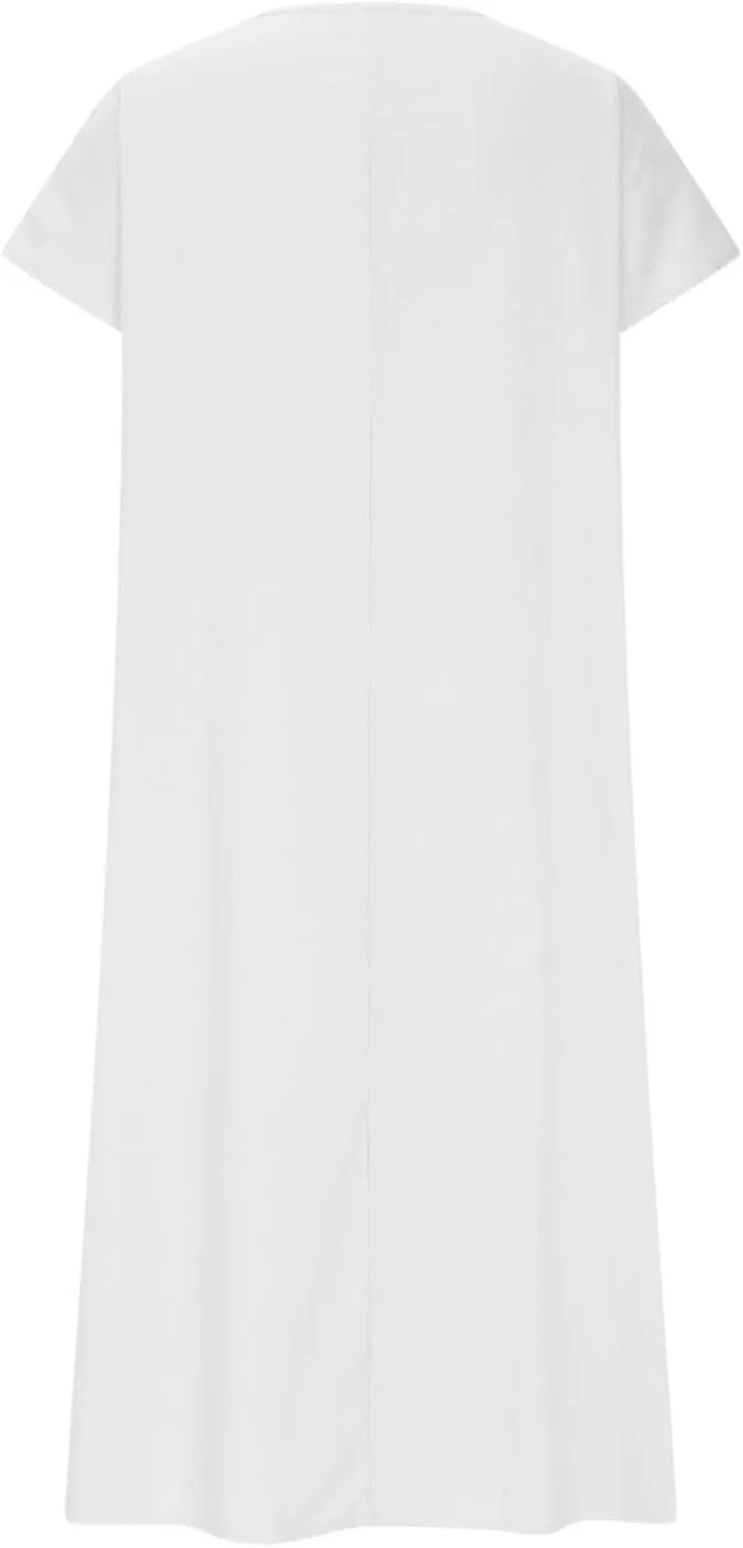 Linen Dresses for Women Short Sleeve V-Neck Beach Sundresses Lightweight Flowy Loose Summer Midi Dress