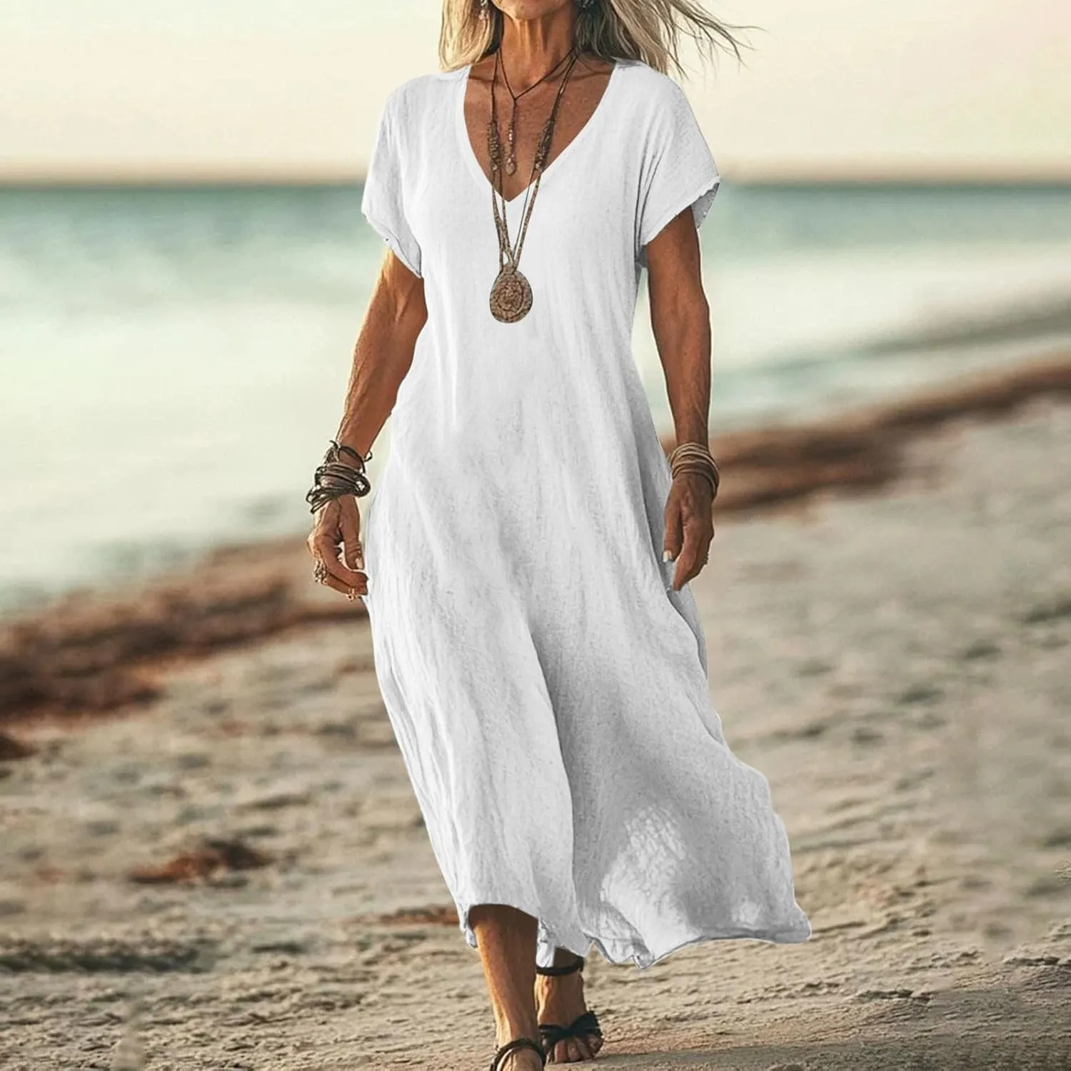 Linen Dresses for Women Short Sleeve V-Neck Beach Sundresses Lightweight Flowy Loose Summer Midi Dress