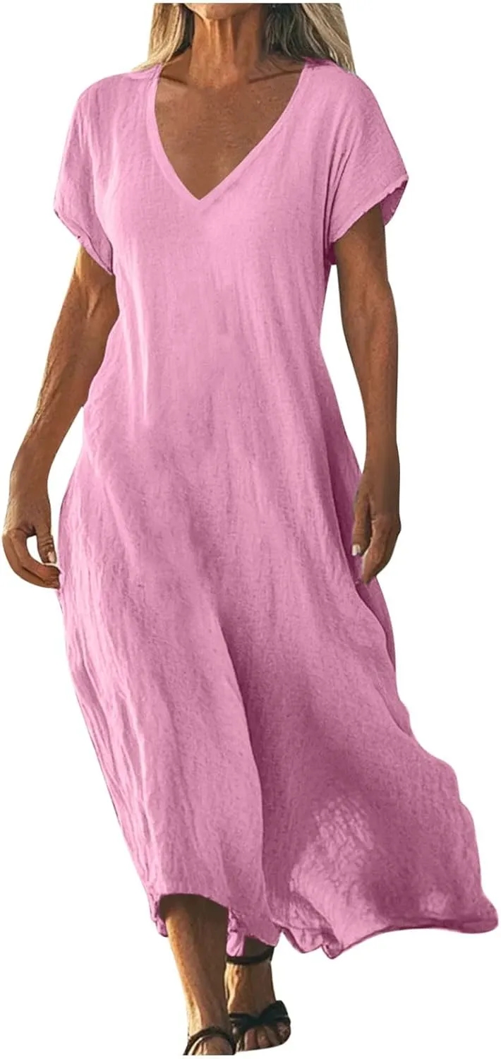 Linen Dresses for Women Short Sleeve V-Neck Beach Sundresses Lightweight Flowy Loose Summer Midi Dress