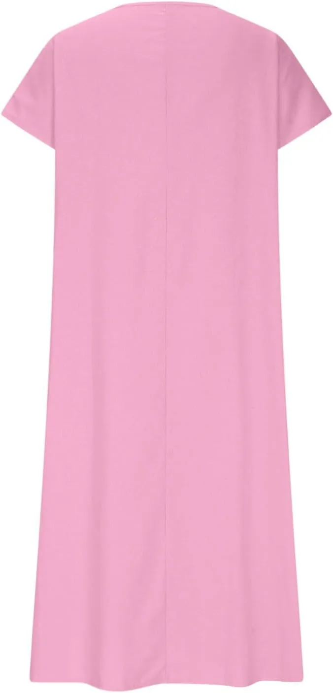 Linen Dresses for Women Short Sleeve V-Neck Beach Sundresses Lightweight Flowy Loose Summer Midi Dress