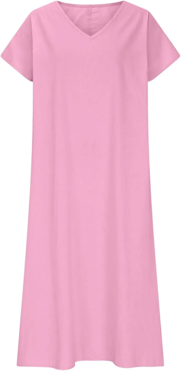 Linen Dresses for Women Short Sleeve V-Neck Beach Sundresses Lightweight Flowy Loose Summer Midi Dress