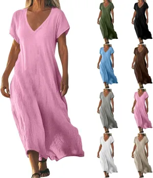 Linen Dresses for Women Short Sleeve V-Neck Beach Sundresses Lightweight Flowy Loose Summer Midi Dress