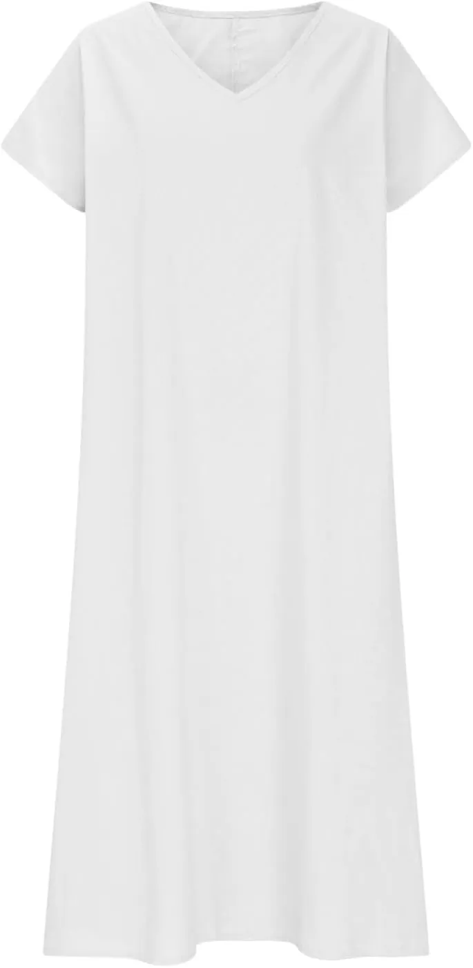 Linen Dresses for Women Short Sleeve V-Neck Beach Sundresses Lightweight Flowy Loose Summer Midi Dress