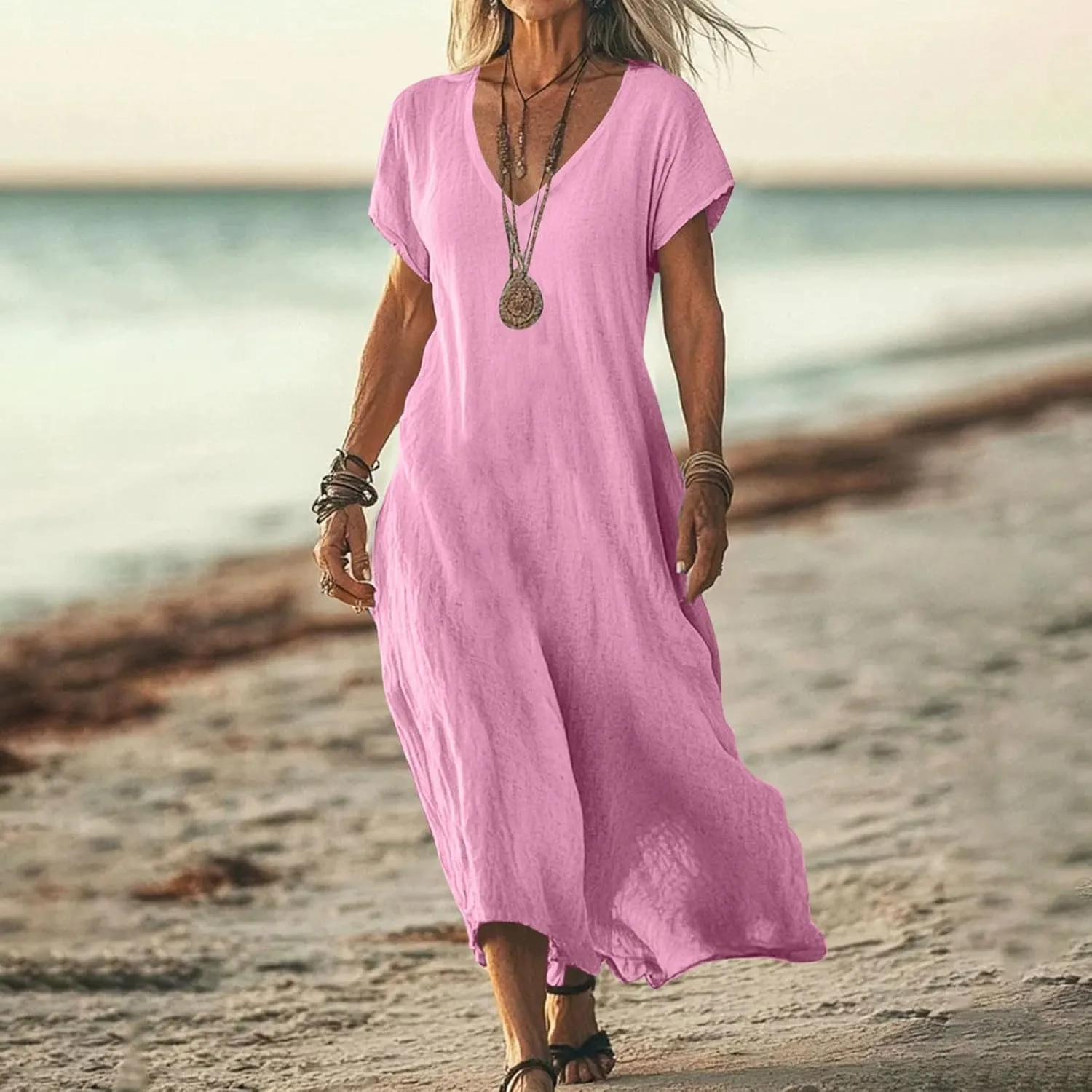 Linen Dresses for Women Short Sleeve V-Neck Beach Sundresses Lightweight Flowy Loose Summer Midi Dress