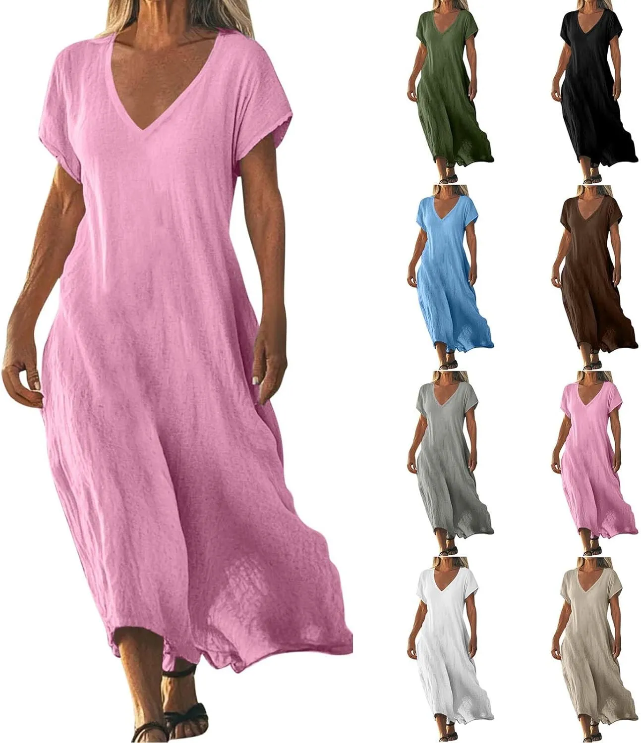 Linen Dresses for Women Short Sleeve V-Neck Beach Sundresses Lightweight Flowy Loose Summer Midi Dress