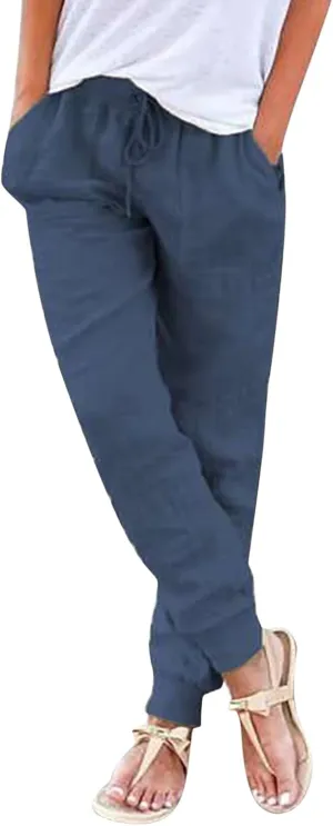 Linen Pants For Women 2025 Petite Summer Drawstring Elastic High Waist Comfy 2025 Lounge Vacation Tapered Trousers