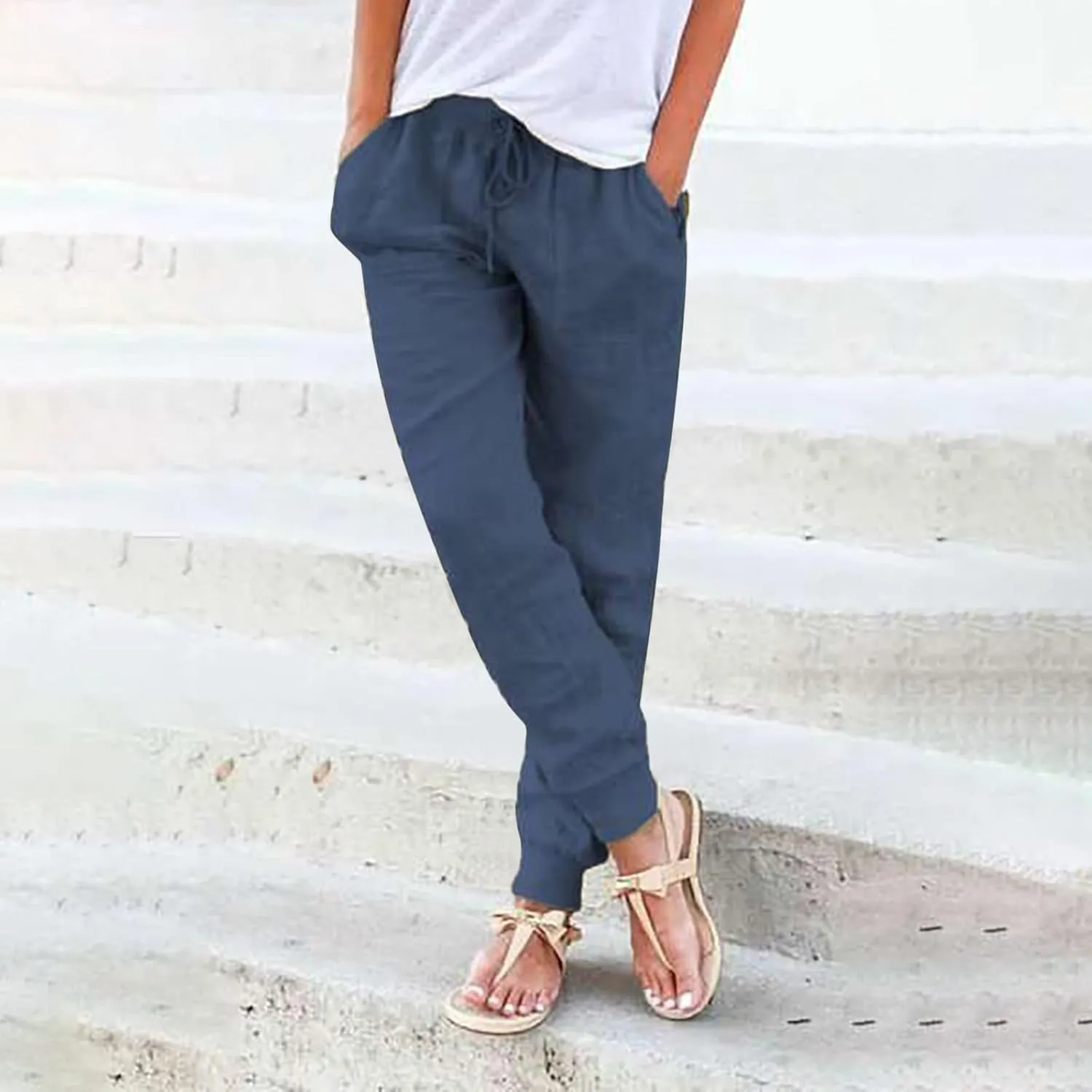 Linen Pants For Women 2025 Petite Summer Drawstring Elastic High Waist Comfy 2025 Lounge Vacation Tapered Trousers