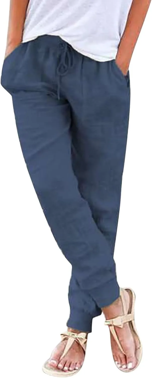 Linen Pants For Women 2025 Petite Summer Drawstring Elastic High Waist Comfy 2025 Lounge Vacation Tapered Trousers