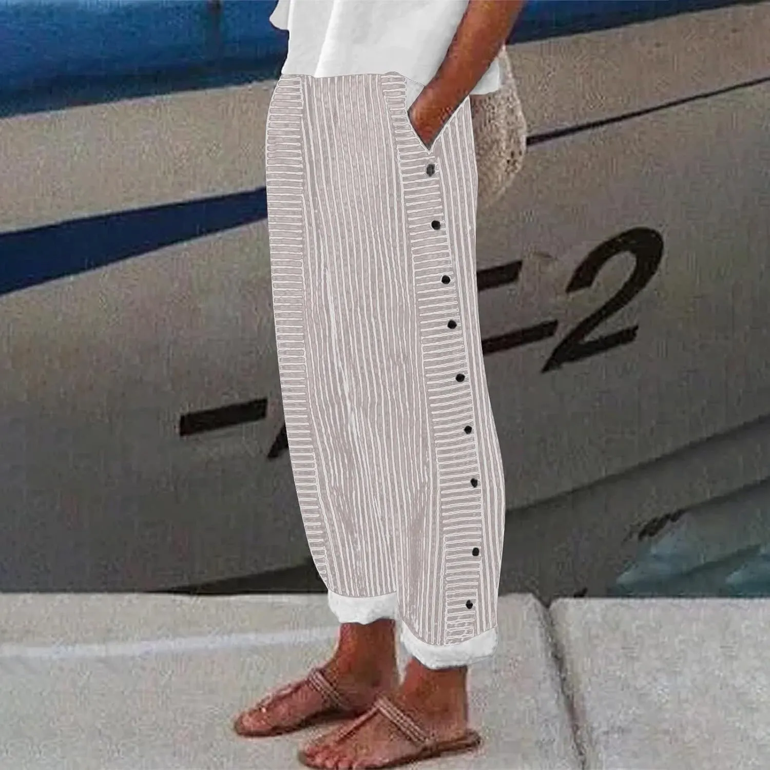 Linen Pants for Women 2025 Plus Size Trendy Striped Summer Gauze Pants Casual Elastic Waist Comfy Trousers