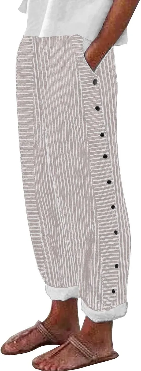 Linen Pants for Women 2025 Plus Size Trendy Striped Summer Gauze Pants Casual Elastic Waist Comfy Trousers