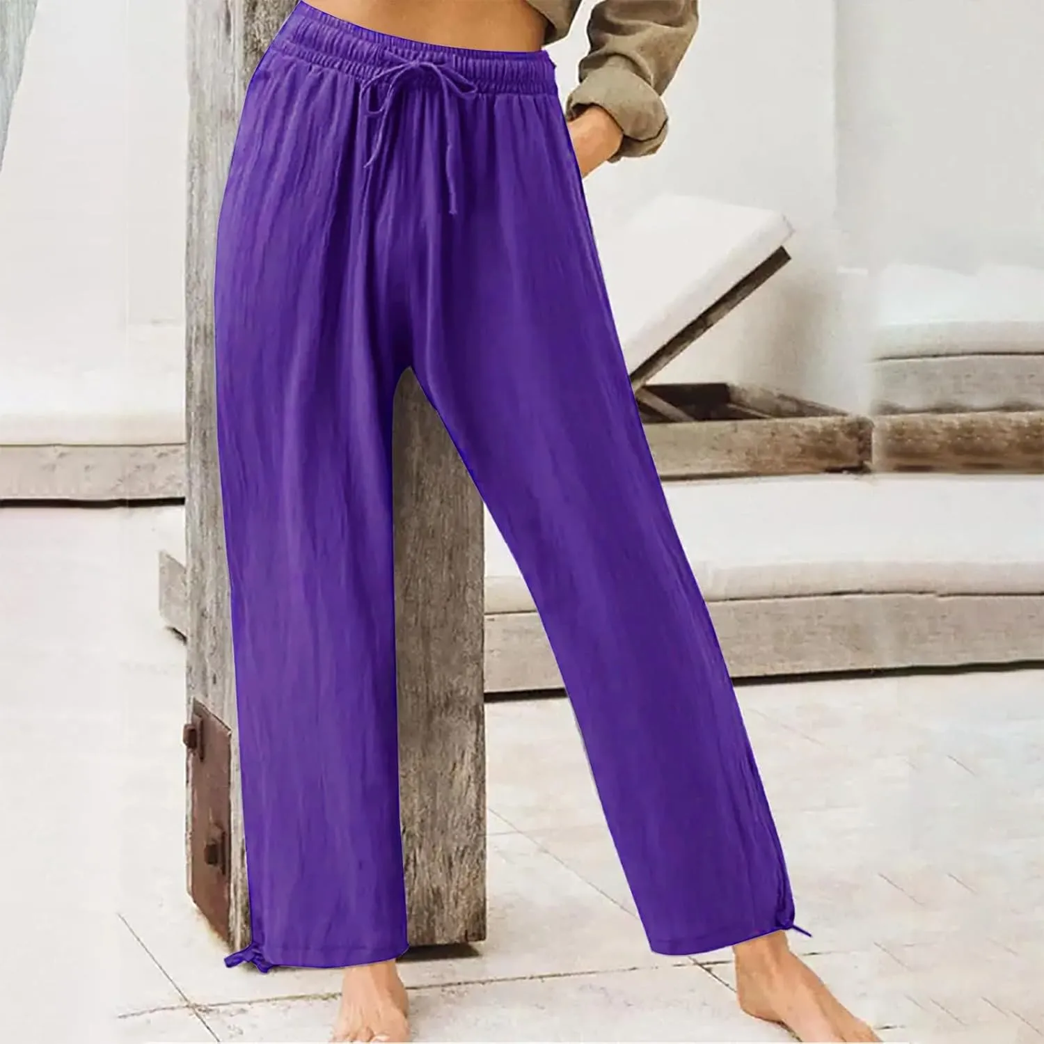 Linen Pants Women Summer Wide Leg Pants Drawstring Elastic Waist Lightweight Lounge Pants Casual Beach Trousers M-5XL