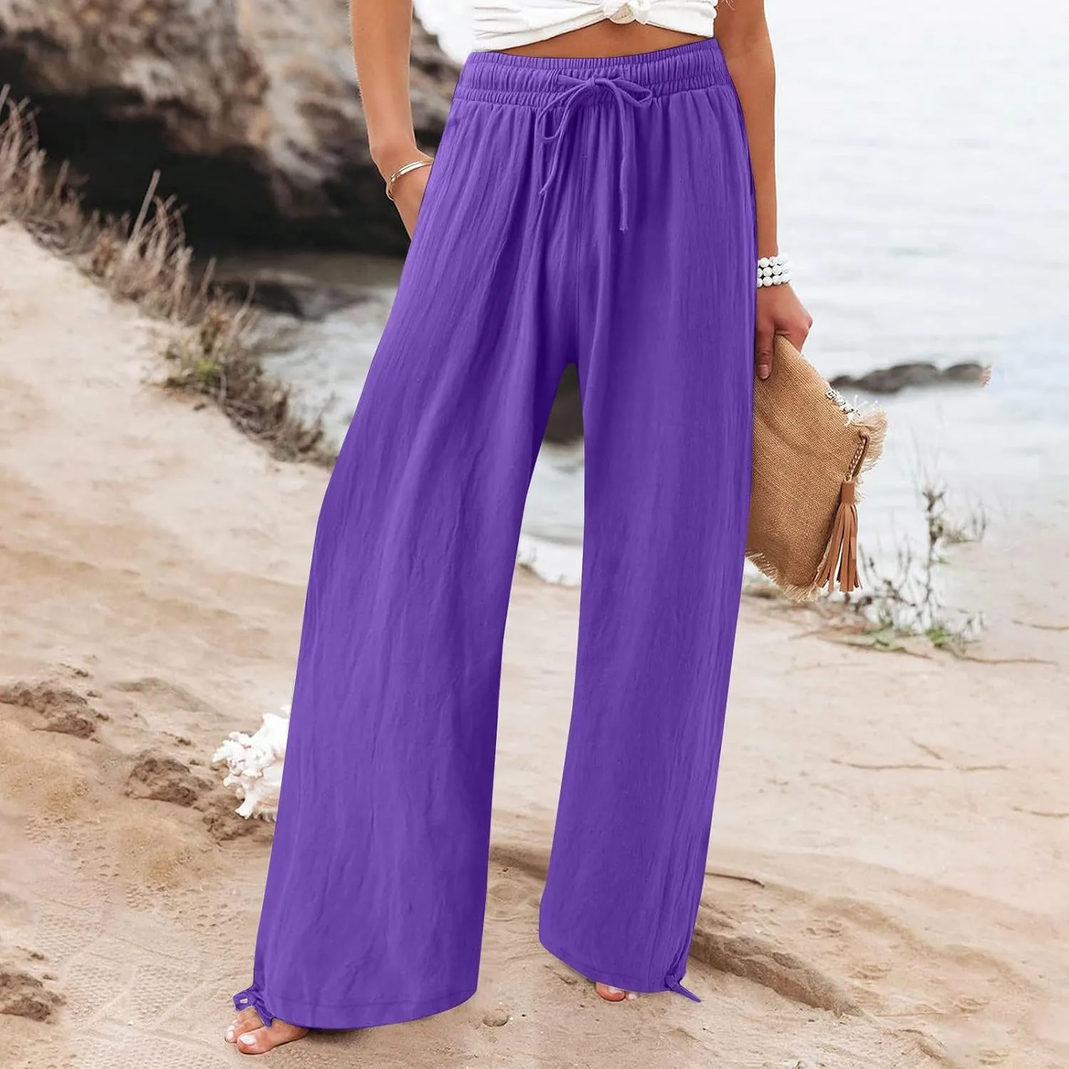 Linen Pants Women Summer Wide Leg Pants Drawstring Elastic Waist Lightweight Lounge Pants Casual Beach Trousers M-5XL