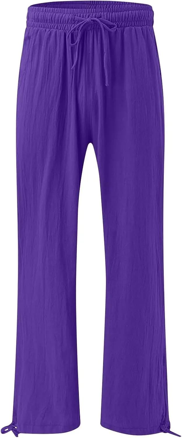 Linen Pants Women Summer Wide Leg Pants Drawstring Elastic Waist Lightweight Lounge Pants Casual Beach Trousers M-5XL