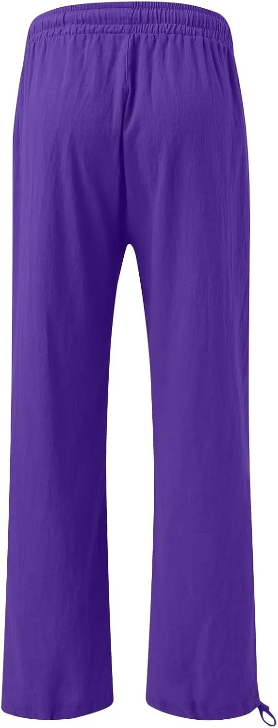 Linen Pants Women Summer Wide Leg Pants Drawstring Elastic Waist Lightweight Lounge Pants Casual Beach Trousers M-5XL
