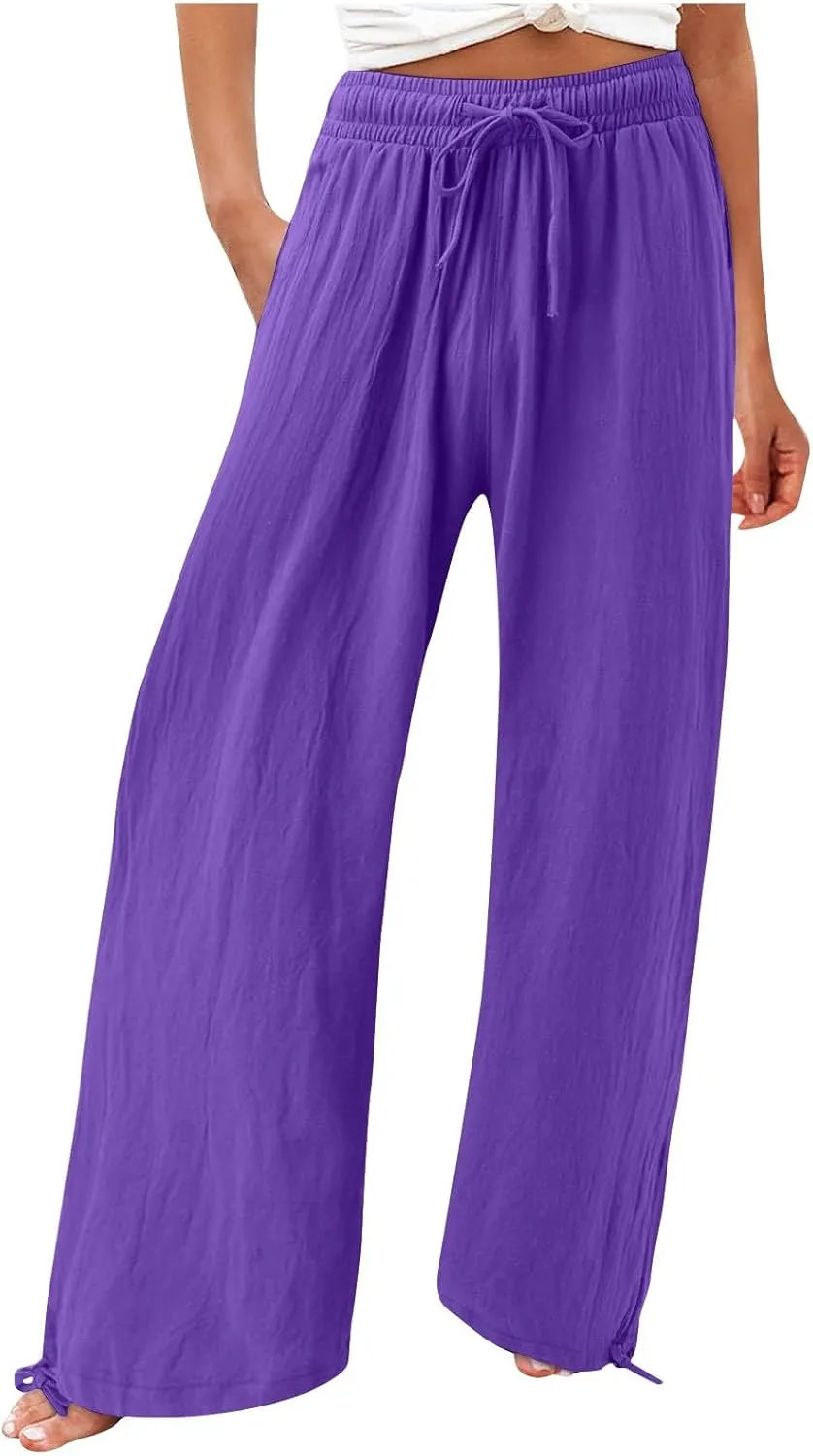 Linen Pants Women Summer Wide Leg Pants Drawstring Elastic Waist Lightweight Lounge Pants Casual Beach Trousers M-5XL
