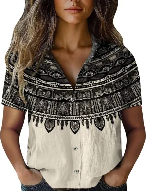 Linen Shirts for Women Hawaiian Print T-Shirt Casual Short Sleeve Button Up Blouses Lightweight Vintage Boho Tops