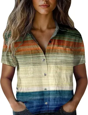 Linen Shirts for Women Hawaiian Print T-Shirt Casual Short Sleeve Button Up Blouses Lightweight Vintage Boho Tops