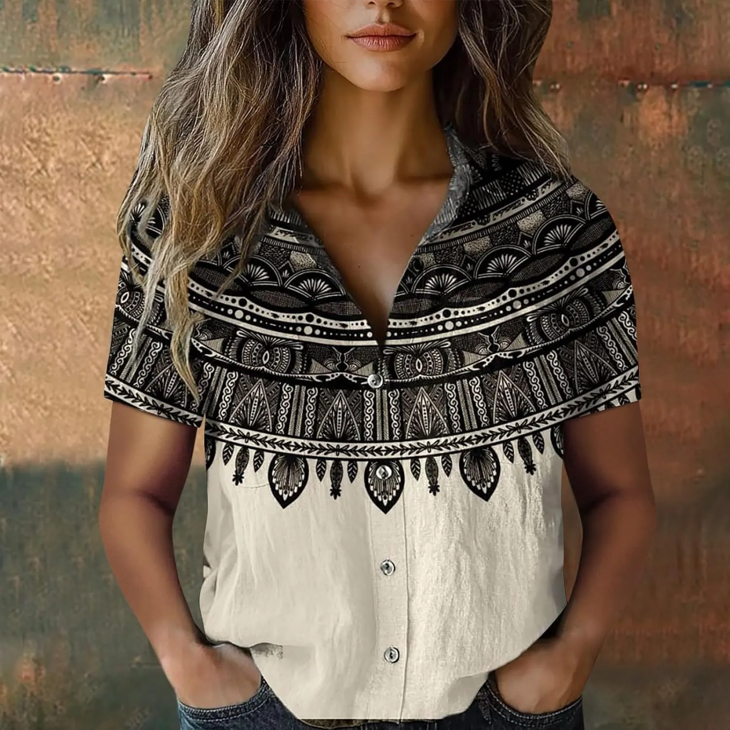 Linen Shirts for Women Hawaiian Print T-Shirt Casual Short Sleeve Button Up Blouses Lightweight Vintage Boho Tops