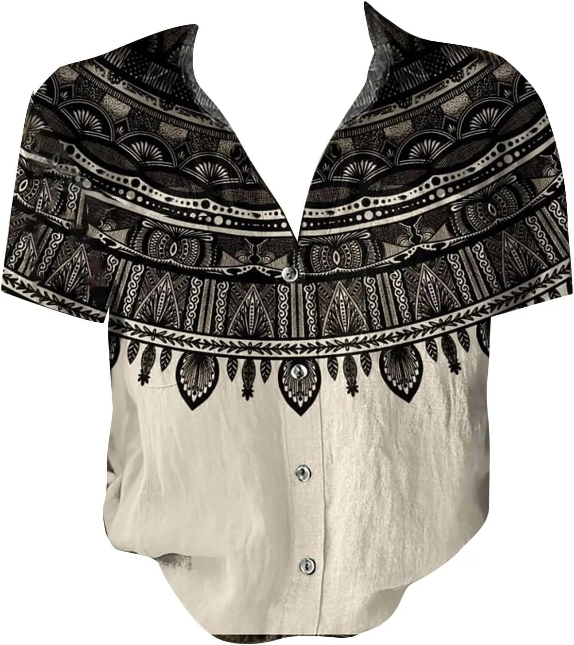 Linen Shirts for Women Hawaiian Print T-Shirt Casual Short Sleeve Button Up Blouses Lightweight Vintage Boho Tops